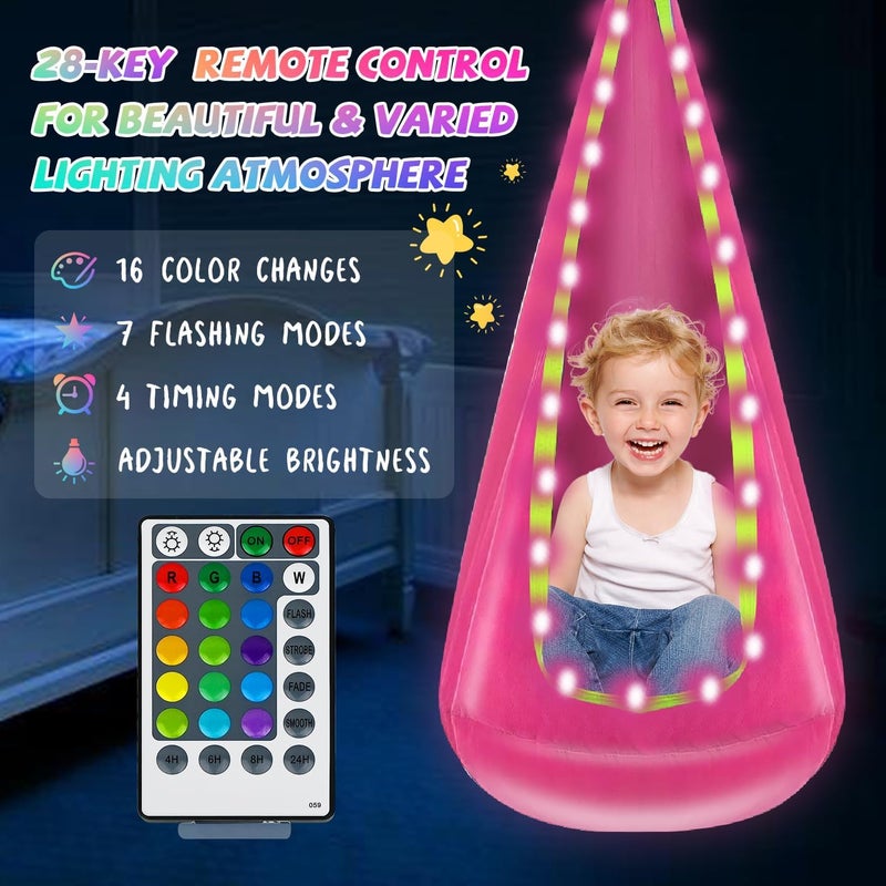 Bghdas Light Up Kids Pod Swing Seat, Hanging Hammock Chair with LED Lights, Upgraded Cotton Child Sensory Swing Seat, Sensory Swing for Autistic Kids Indoor & Outdoor Play (Pink) - Image 2
